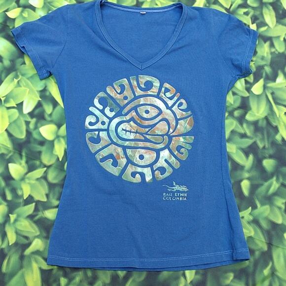 Raiz Etnik Columbia Artwork Blue Souvenir T-shirt size Small - Picture 9 of 9